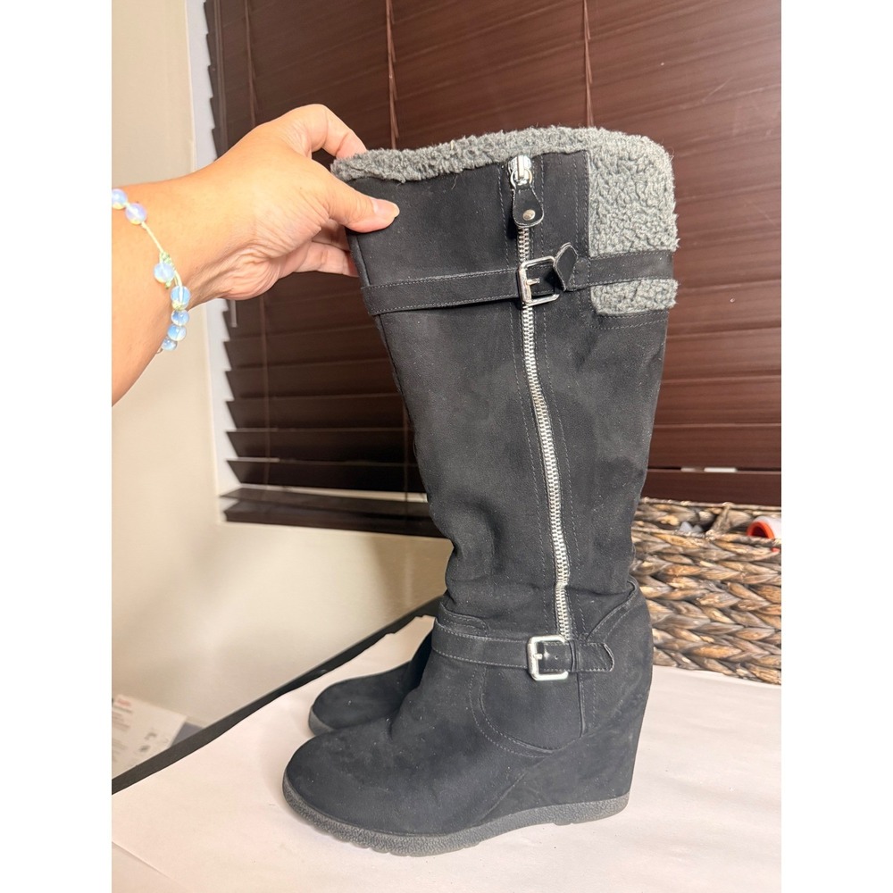 Unisa Faux Suede Wedge Boots Womens 7.5 Black Knee High Sherpa Trim Boho